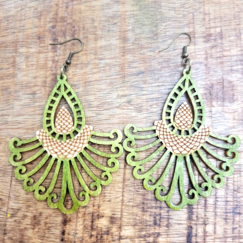 Wooden BOHO design, green and tan Oversized Dangle Earrings.